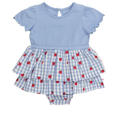 RuffleButts Baby Girls Mixed Media Short Sleeve Skirted Romper