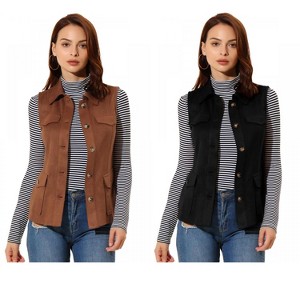 INSPIRE CHIC Women's Buttoned Sleeveless Faux Suede Utility Vest with Cargo Pocket 2 Packs - 1 of 4