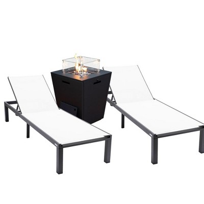 LeisureMod Marlin Modern Black Aluminum Patio Chaise Lounge Chair with Square Fire Pit Side Table Set of 2