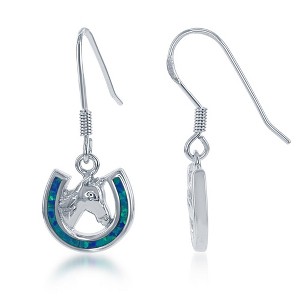 Opalata Sterling Silver Blue Inlay Opal Horseshoe with Center Horse Earrings - Blue - 1 of 2