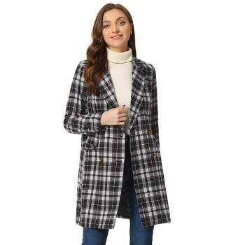 Allegra K Women's Double Breasted Notched Lapel Plaid Overcoat with Pockets