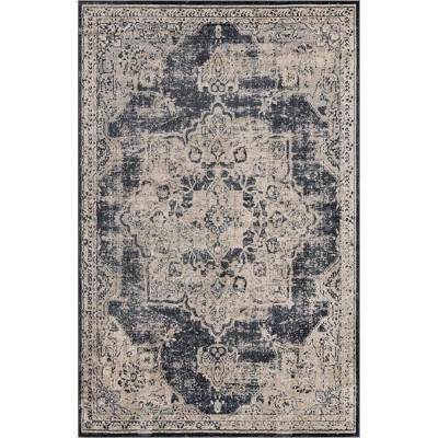 Navy Blue and Beige Distressed Synthetic 6' x 9' Area Rug