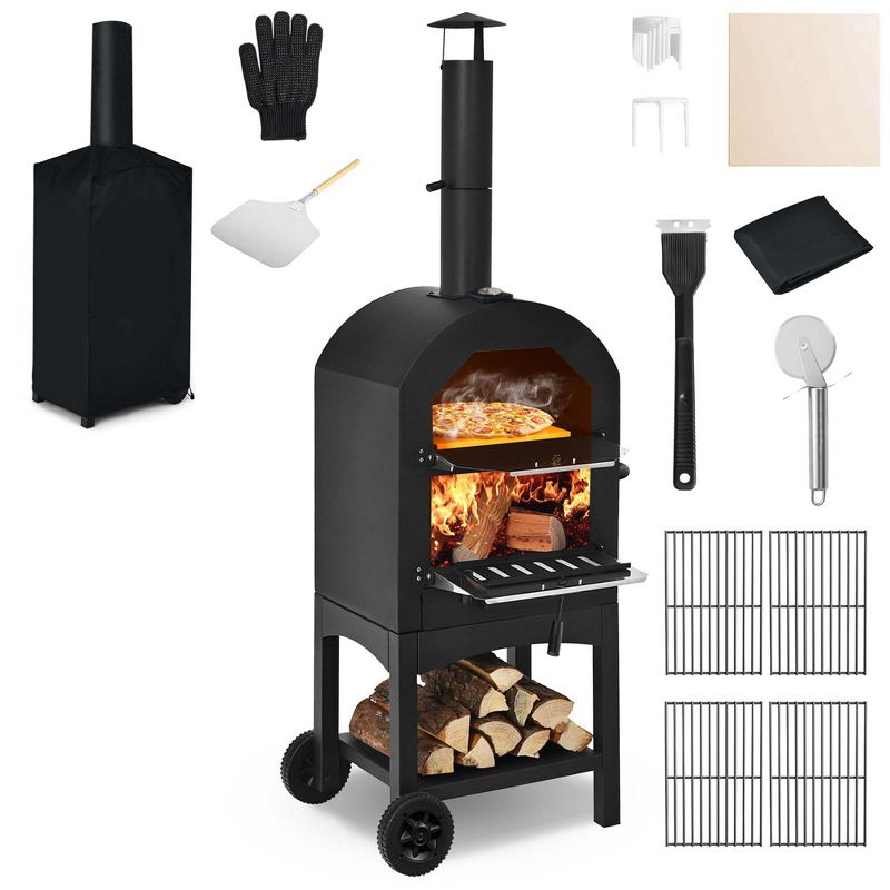 Costway Outdoor Pizza Oven Wood Fire Pizza Maker Grill w/ Pizza Stone & Waterproof Cover, 1 of 12