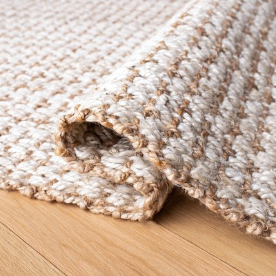Ivory and Light Brown Hand-Woven Jute Square Rug, 7' x 7'