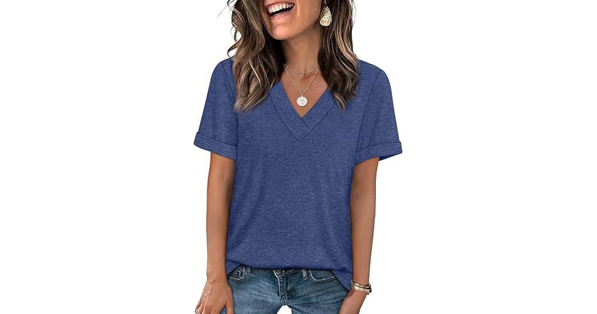 Attraco Women's V Neck Rolled Cuff Short Sleeve Loose Fit Casual T-Shirt Summer Tops