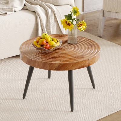 Grungis Natural Wood Grain Texture Round Coffee Table with Sprayed Metal Leg and Suction Molding Process,Natural Wood Grain Texture