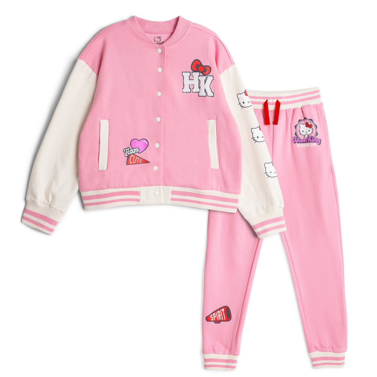 Hello Kitty Girls Fleece Varsity Bomber Jacket and Jogger Pants Outfit Set Toddler