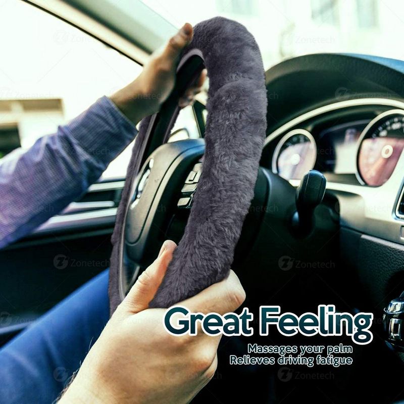 Zone Tech Non-Slip Car Decoration Steering Wheel Handbrake Gear Shift Plush Cover – Auto Comfortable Thermal Steering Wheel Cover (Gray), 2 of 10