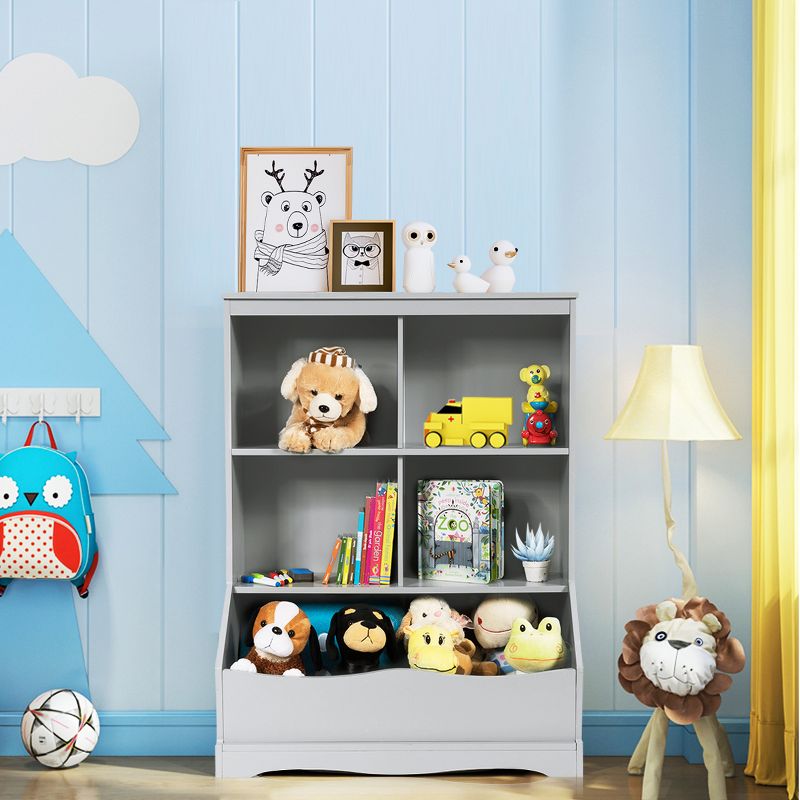 Costway 3-Tier Children's Multi-Functional Bookcase Toy Storage Bin Floor Cabinet GreyWhite, 4 of 13