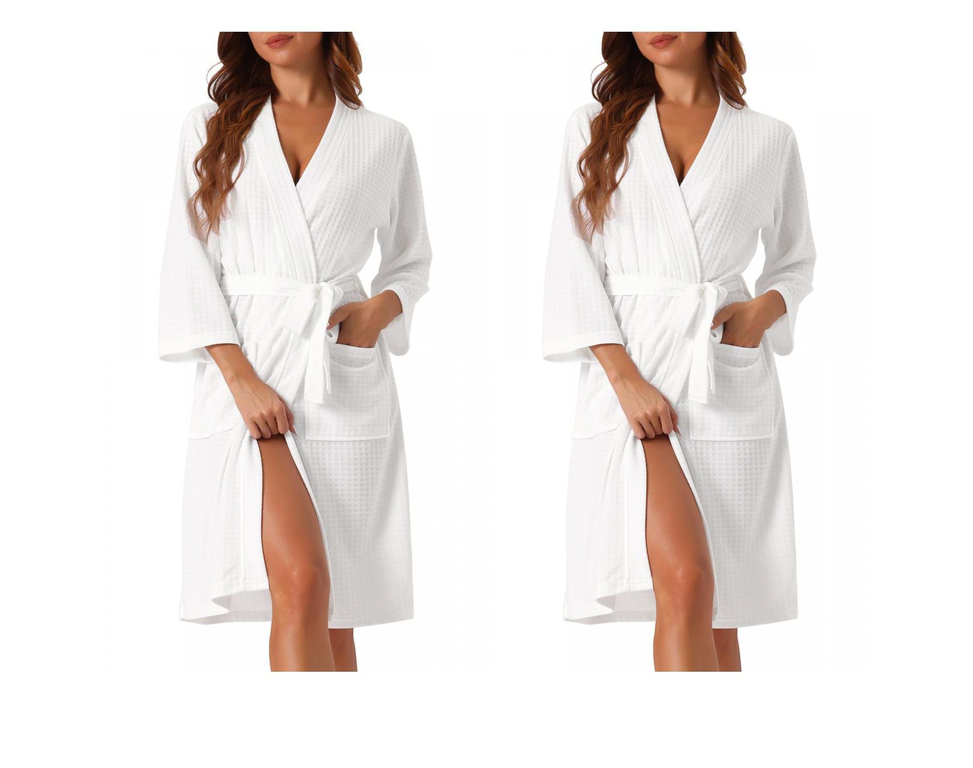 cheibear Women's Waffle Two Pockets Soft Spa & Bath Mid-Length Robes With Belt Navy Blue Small 2 Pack White Small