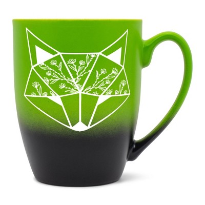 Elanze Designs Nature Animal Coffee Cup Mug 12 Ounce Ceramic With Ombre Gradient Floral Geometric Fox Green and Black