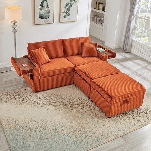 Convertible Sectional Sofas Corduroy Loveseat Sofa with Double Storage Ottomans, Adjustable Armrest Table with USB Port, Super Soft Chaise Lounge - 1 of 4