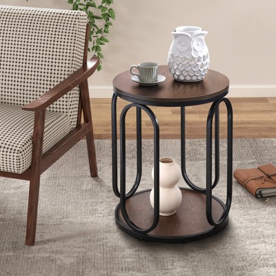 Bekrvio 19.7" Round Wood End Table, 2-Tier Industrial Side Table with Metal Frame