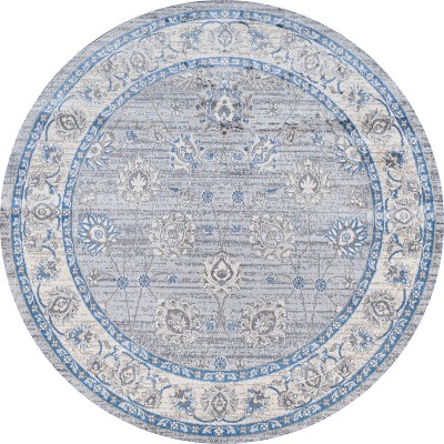 Elegant Gray/Blue Floral Synthetic Round Rug, 6' Diameter