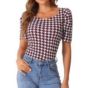Allegra K Women's Houndstooth Puff Short Sleeve Square Neck Casual Work Blouse - 1 of 4