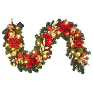 MOEPISY 6ft Pre-lit Garland,red Gold Christmas Poinsettia Garland with 25 LED Light - 1 of 4