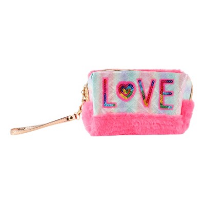 Unique Bargains Women Portable Sequin LOVE Makeup Bag Rose Red 1 Pc