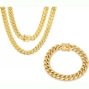 Steeltime 24" and 8.5" Men's 18k gold plated stainless steel Miami Cuban chain link set with box clasp 12mm - 1 of 4