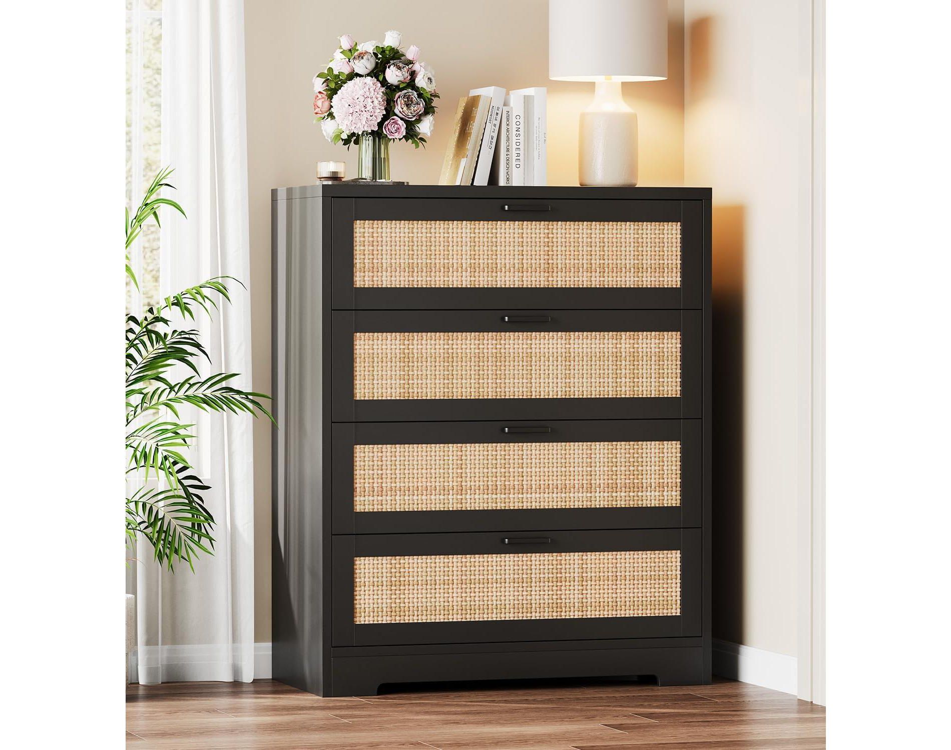 4 Drawer Dresser for Bedroom, Rattan Chest of Dressers with Metal Handle