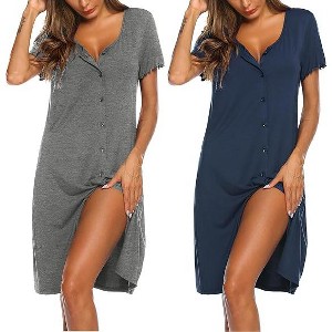 Ekouaer 3 Pack Women's Button Down Nightgowns Short Sleeve Night Shirts for Women Sleepwear V Neck Sleep Dress - 1 of 4