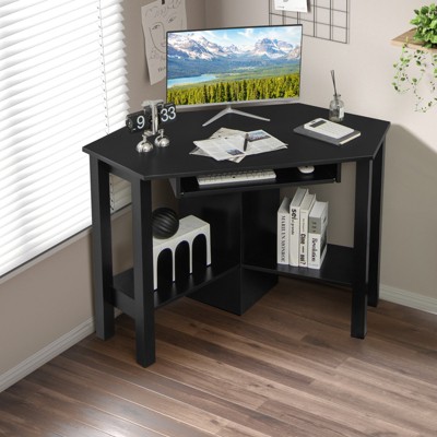 Black Wooden Corner Desk with Drawer and Keyboard Tray