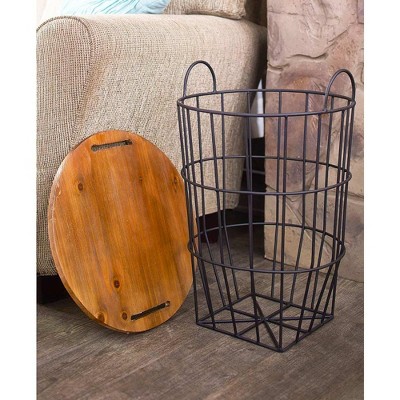 Round Metal Wire Basket Side Table with Wooden Lid