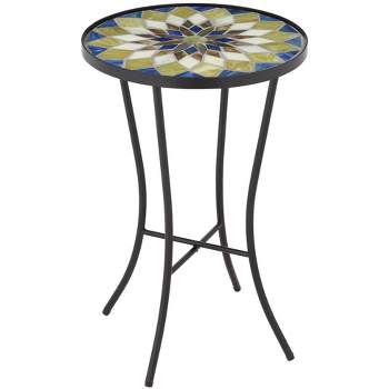 Teal Island Designs Modern Mosaic Black Round Outdoor Accent Table 14" Wide Multi-Color for Porch Patio Living Room Home Balcony