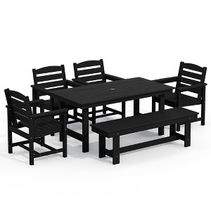 Hyleory 6pc HDPE Outdoor Dining Set with Rectangular Table & Umbrella Hole, Bench and Armchairs - 1 of 4