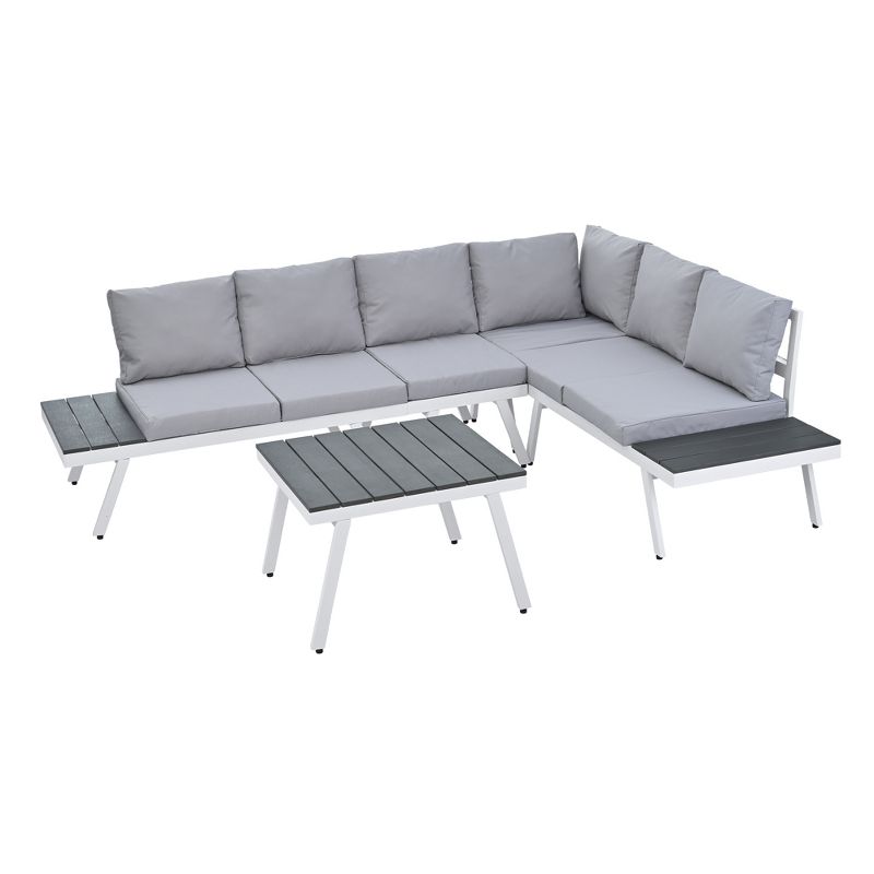 Industrial Aluminum Outdoor Patio Furniture Set of 5 with End and Coffee Tables, White+Gray - ModernLuxe, 5 of 14