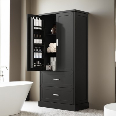 Tall Bathroom Storage Cabinet, Cabinet with Two Doors and Drawers, Adjustable Shelf, MDF Board - Leovsnove