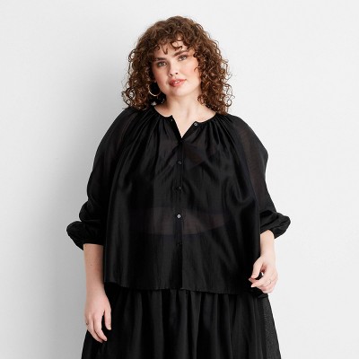 Women's Balloon Long Sleeve Flowy Boho Top - Future Collective Black 3X