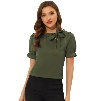 INSPIRE CHIC Women's Bow Tie Neck Solid Color Elastic Cuffs Elegant Office Short Sleeve Blouse