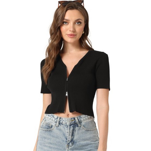 Allegra K Women's Casual Long Sleeve Cut Out Slim Fitted Basic Crop Tops  Black Small : Target