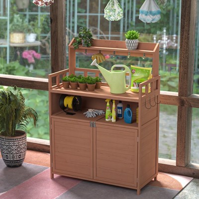 VYNXARIA Outdoor Potting Bench ¨C Durable Fir Wood Workstation with Large Storage Cabinet & Top Shelf!