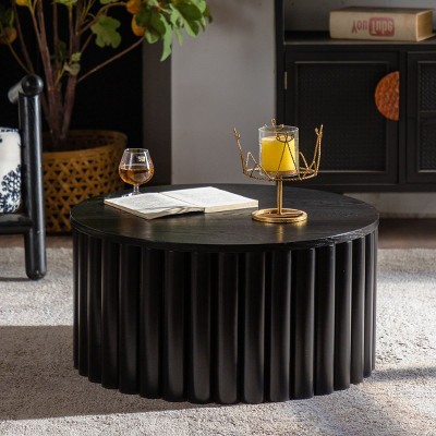 27" Round Lift Top Coffee Table with Storage, Handcrafted Relief Pedestal Wooden Tea Table, Modern MDF Living Room Center Table-Koiai