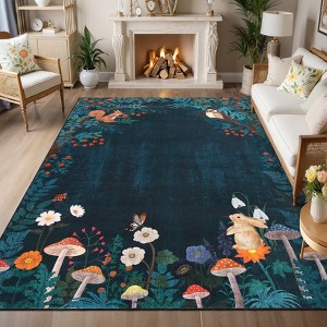 Floral Bordered Accent Carpet, Non-Slip Geometric Floor Cover, Stain-Resistant Low Pile Indoor Mat for Playroom, Living Room - 1 of 4