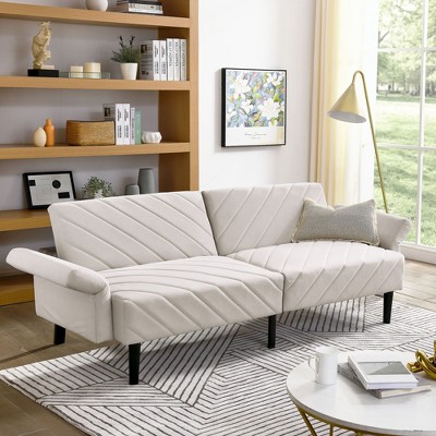 NicBex Folding Sofa Bed Convertible Velvet Sofa Bed with Adjustable Armrests Stripe Pattern Design 3 Seat