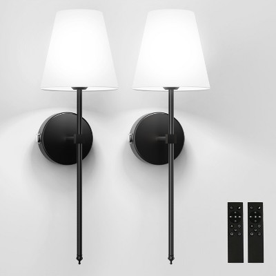 YANSUN 8 in. 1-Light Black Wall Sconce, Rechargeable Wall Sconce with Detachable Bulbs and Fabric Shade for Living Room(2-Pack£© Black