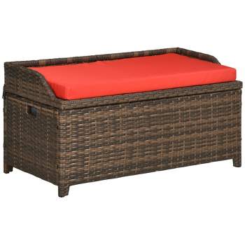 Outsunny Patio Wicker Storage Bench, Cushioned Outdoor PE Rattan Patio Furniture, Assisted Easy Open, Two-In-One Seat Box with Handles Seat, Red