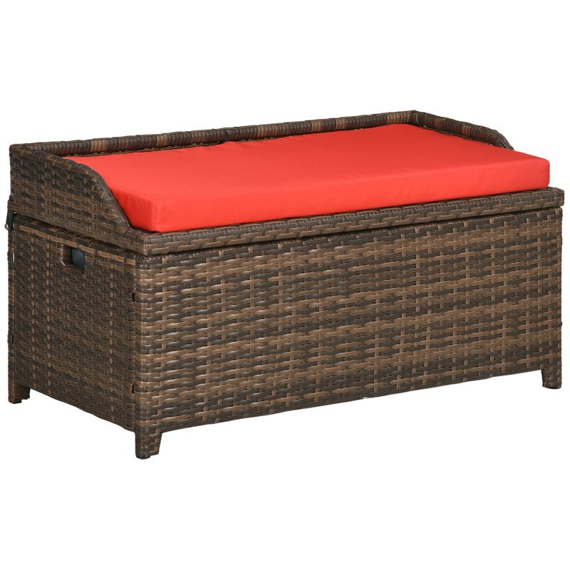 Outsunny Patio Wicker Storage Bench, Cushioned Outdoor PE Rattan Patio Furniture, Assisted Easy Open, Two-In-One Seat Box with Handles Seat, Red, 1 of 7
