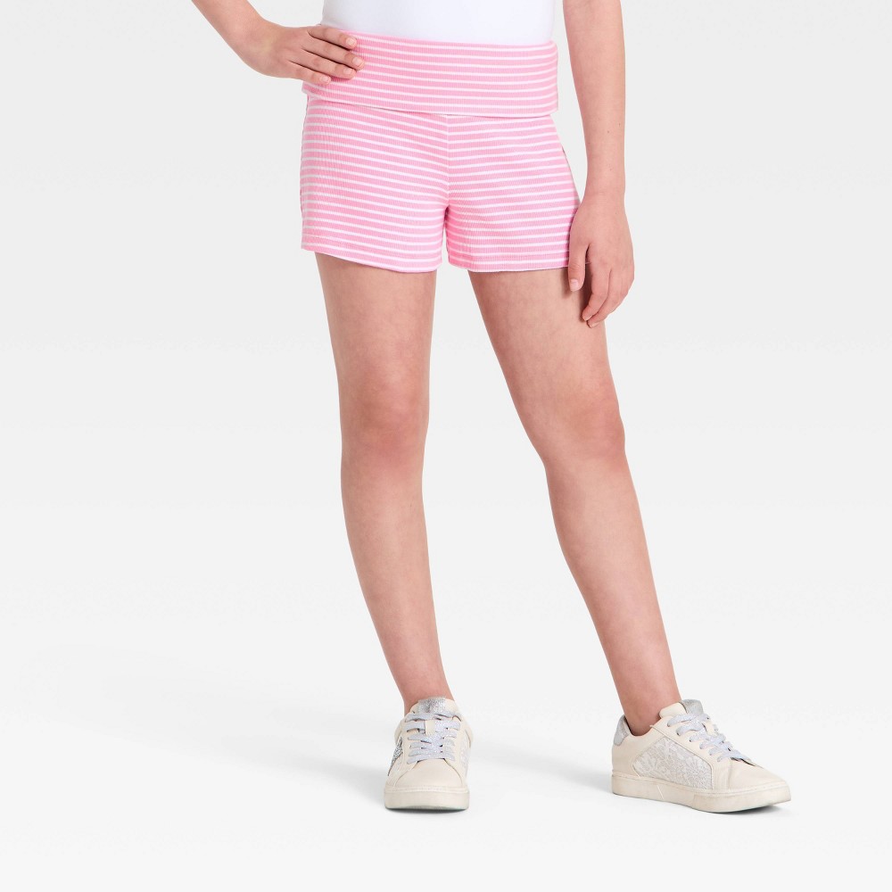 Girls' Striped Ribbed Foldover Waist Pull-On Shorts - art class™ Rose Pink/White L