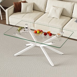 Bencmate Coffee Tables Rectangular Glass End Table With Glass Top And Metal Legs, Modern Simple Design, Adjustable Feet, White, 23.62"*39.37"*16.93" - 1 of 4