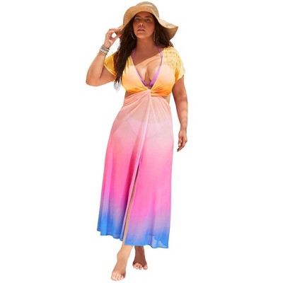 Swimsuits for All Women's Plus Size Twist Front Mesh Cut-Out Cover Up Dress