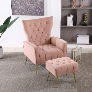 Accent Chair With Ottoman Set Of 2, Velvet Button Armchair With Backrest, Modern Upholstered Sofa Chair With Metal Legs For Living Room - 1 of 4