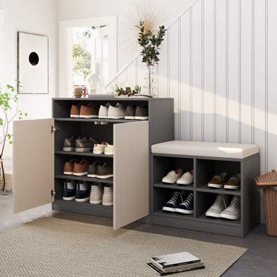 KWPZQEB Shoe Cabinet with Bench, Entryway Bench w/ Doors & Adjustable Shelves, Unique L-Shaped Bench Cabinet w/ Removeble Cushion for Hallway