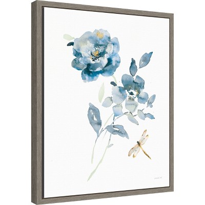 Floral Blues Botanical Canvas Print with Dragonfly, 20 x 16 inches