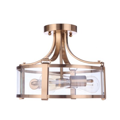 Satin Brass and Clear Glass Drum Semi-Flush Mount Light