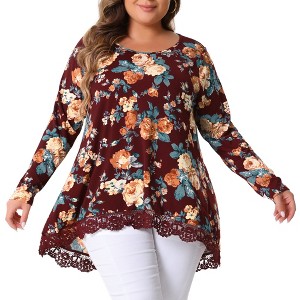 Agnes Orinda Women's Plus Size Lace Trim Floral Pattern Long Sleeve High Low Hem Tunic Blouse - 1 of 4