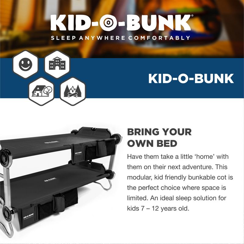 Disc-O-Bed Youth Kid-O-Bunk 2 Person Bench Bunked Double Bunk Bed Cots with 2 Side Organizers and Carry Bags for Outdoor Camping Trips, Black, 2 of 7