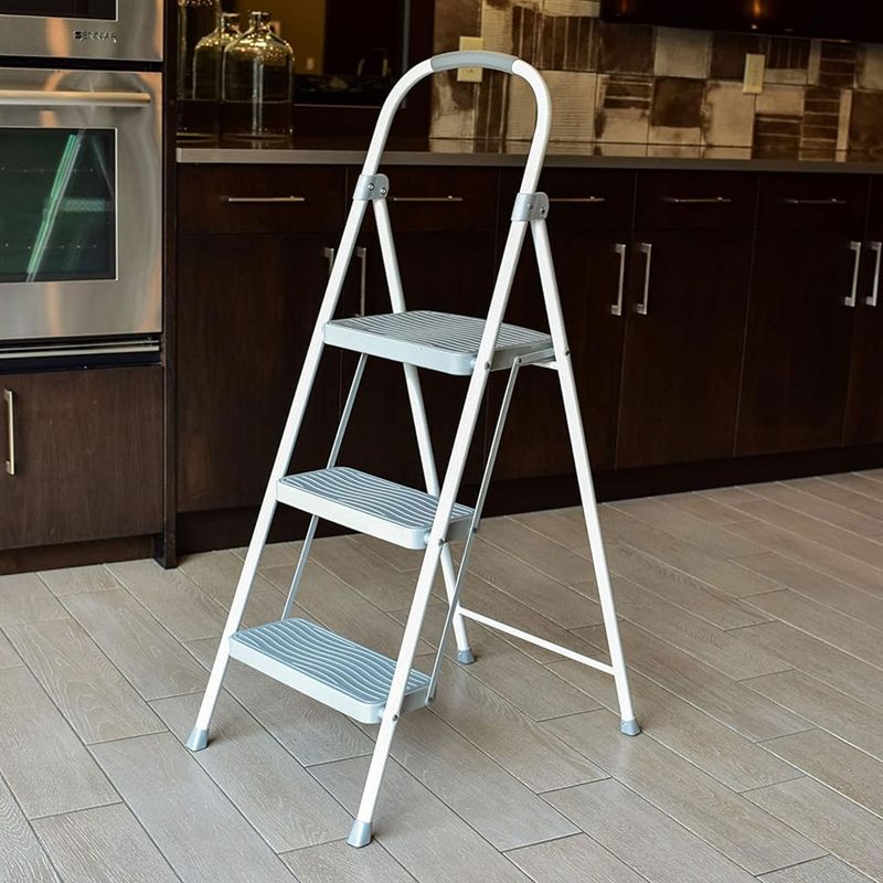 Rubbermaid 3 Step Folding Ladder Steel Step Stool with 225 Pound Capacity, Rubber-Padded Feet, Locking Mechanism and Hand Grip, White, 5 of 7
